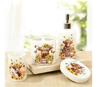 JarThenaAMCS 4Pcs Highland Cow Sunflower Bathroom Accessories Ceramic Liquid Dispenser Toothbrush Holder Tumbler Soap Dish for Summer Home Party Favors Supplies