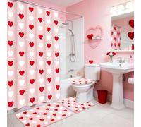JarThenaAMCS 4Pcs Valentine's Day Bathroom Set Pink Red White Heart Non-Slip Bath Mat U-Shaped Toilet Rug Toilet Lid Cover Shower Curtain with Hooks for Home Hotel Accessories Decoration