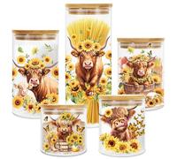 JarThenaAMCS 5 Pack Highland Cow Sunflower Glass Storage Jars with Airtight Lid Watercolor Cattle Floral Decorative Canisters Sets for Farmhouse Home Kitchen Countertop