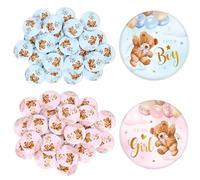 JarThenaAMCS 50 Pcs Bear Gender Reveal Button Pins Team Girl or Boy Buttons Watercolor Pink Blue Balloon Button Badges for Baby Shower Party Favors Game Supplies, 1.8 In