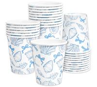 JarThenaAMCS 50 Pcs Bow Ocean Paper Cups Blue Bow Starfish Seashell Disposable Cups for Hot Cold Drinks Summer Under The Sea Party Table Supplies, 9 Oz