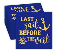JarThenaAMCS 50 Pcs Last Sail Before the Veil Cocktail Napkin Disposable Paper Napkin Blue Gold Foil Nautical Drink Beverage Napkins for Coastal Bridal Shower Bachelorette Party Table Supplies Decor
