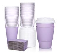 JarThenaAMCS 50 Set Easter Light Purple Disposable Coffee Cups with Lids and Sleeves 12oz Purple Insulated Paper Cups To Go Cups for Hot Cold Beverage Drinks
