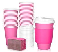 JarThenaAMCS 50 Set Hot Pink Disposable Coffee Cups with Lids and Sleeves 12oz Pink Insulated Paper Cups To Go Cups for Hot Cold Beverage Drinks