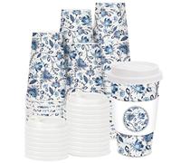 JarThenaAMCS 50 Sets Blue Floral Coffee Cups with Lids and Sleeves 16oz Vintage Flower Paper Cups Retro Disposable To Go Coffee Cups For Cafe Shop Cappuccino Chocolate Beverage Cocoa