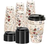 JarThenaAMCS 50 Sets Vintage Floral Coffee Cups with Lids and Sleeves 16oz Coffee Wildflower Paper Cups Disposable To Go Coffee Cups for Fall Cafes Shops Cappuccino Chocolate Beverage Cocoa