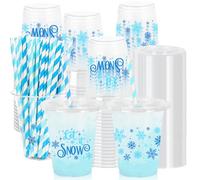 JarThenaAMCS 50Pcs 12Oz Winter Christmas Plastic Cups with Lids & Straws Blue Snowflake Disposable Clear Drinking Cups for Xmas Home Party Supplies