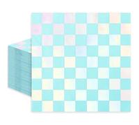 JarThenaAMCS 50Pcs Blue Iridescent Checkered Cocktail Napkin Gingham Disposable Napkins Holographic Foil Paper Beverage Napkin for 70s Disco Dancing Queen Party Decor