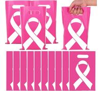 JarThenaAMCS 50Pcs Breast Cancer Awareness Party Favor Bags Hot Pink White Ribbon Treat Bags with Handles Plastic Candy Goodie Bags for Women Presents Snacks Cookies Packing
