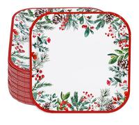 JarThenaAMCS 50Pcs Christmas Paper Plates Pine Cone Berries Disposable Plates Red Green Xmas Square Dinner Dessert Plate for Winter Birthday Baby Shower, 9 Inch