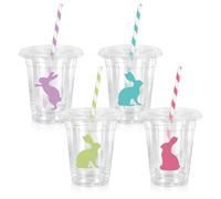 JarThenaAMCS 50Pcs Easter Plastic Cups with Lids Straws Drinking Cup 12oz Purple Blue Green Pink Bunny Rabbit Disposable Cups for Easter Spring Party