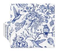 JarThenaAMCS 50Pcs Floral Bird Cocktail Paper Napkin Blue and White Disposable Napkin Vintage Flower Beverage Napkin for Spring Summer Birthday Party Table Decor Supplies