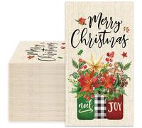JarThenaAMCS 50pcs Merry Christmas Guest Napkins, Red, Green, Brown Paper 2-Ply Disposable Napkins, 4.3 x 7.8 Inch, Festive Design for Winter Party Table Decor
