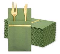 JarThenaAMCS 50Pcs Sage Green Linen-Feel Paper Napkins with Built-in Flatware Pockets Disposable Gold Foil Prefolded Cloth Like Paper Napkin with Cutlery Pouch for Dining Party Table Service Decor