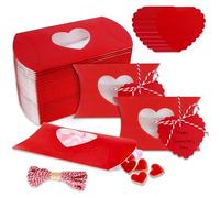 JarThenaAMCS 50Pcs Valentine' s Day Treat Boxes with Gift Tag Cotton Rope Paper Gift Container Red Pillow Box with Heart Shaped PVC Window for Wedding Birthday Sweets Chocolate