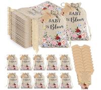 JarThenaAMCS 50Pcs Wildflower Baby Shower Burlap Drawstring Bags with Thank You Tags Linen Treat Bags Vintage Floral Baby in Bloom Candy Goodie Bag for Birthday Party Favors