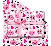 JarThenaAMCS 6 Sheets Pink Halloween Wrapping Paper -Not Roll- Boo Ghost Skull Pumpkin Gift Wrap Paper Folded Flat for Holiday Birthday Party DIY Crafts, 19.7 x 27.6 Inch