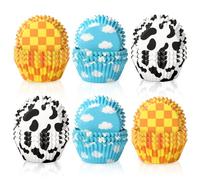 JarThenaAMCS 600Pcs Toy Inspire Game Cupcake Liner Cartoon Story Paper Cupcake Wrapper Cow Print Blue Cloud Checkered Disposable Muffin Cup for Baking Party Supplies, 2 x 1.2 in