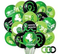 JarThenaAMCS 60Pcs Mental Health Awareness Latex Balloons Green Ribbon Positive Awareness Party Balloons with 3 Rolls Ribbon for Mental Health Month Fundraiser Party Supplies