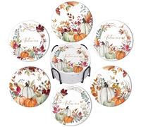 JarThenaAMCS 6Pcs Fall Coasters with Holder Watercolor Autumn Pumpkin Leaves Ceramic Coasters Absorbent Thanksgiving Harvest Cup Mat for Mugs Cups Home Kitchen Office Party Table Decor