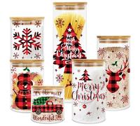JarThenaAMCS 6Pcs Merry Christmas Glass Storage Jars with Airtight Lid Red Black Plaid Xmas Tree Snowman Reindeer Snowflake Canisters Sets for Home Kitchen Countertop