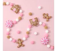 JarThenaAMCS 8.2Ft Christmas Felt Banner Cute Gingerbread Man Candy House Hanging Garland Pink Brown White Pom Ball Banner For Xmas Holiday Home Mantel Wall Decor