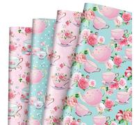 JarThenaAMCS 8 Sheet Tea Party Wrapping Paper -Not Roll- Watercolor Pink Floral Teapot Gift Wrap Paper Folded Flat Art Paper for DIY Crafts Gift Wrapping