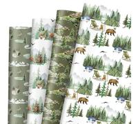 JarThenaAMCS 8 Sheets Camping Wrapping Paper - Not Roll - Watercolor Field Lodgings Mountain Green Tree Bear Gift Wrap Paper Folded Flat for Spring Summer Camping Birthday Party DIY Crafts, 19.7 x