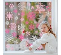 JarThenaAMCS 9 Sheets Christmas Winter Window Cling Stickers Glitter Pink Silver Snowflake Reusable Window Decals for Xmas Party Home Office Classroom Decoration