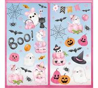 JarThenaAMCS 9 Sheets Halloween Window Cling Stickers Pink Cute Ghost Pumpkin Boo Watercolor Reusable Window Decals for Halloween Party Home Office Decor