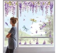 JarThenaAMCS 9 Sheets Spring Summer Purple Flower Window Clings Wisteria Flower Leaf Window Stickers Double-Sided Floral Glass Decals for Home School Office Shop Party Decor