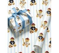 JarThenaAMCS Baseball Bear Wrapping Paper - Mini Roll - 17 Inch x 32.8 Ft Blue Stripe Bear Gift Wrap Cute Craft Paper for Birthday Party Baseball Game Day DIY Craft Supplies
