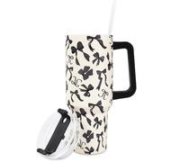 JarThenaAMCS Black Bow Tumbler with Lid and Straw 40oz Ribbon Bow Printed Tumbler with Handle Beige Black Stainless Steel Cup for Gift Home Office Travel