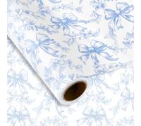 JarThenaAMCS Blue Bow Floral Wrapping Paper - Mini Roll - 17 Inch x 32.8 Ft Vintage Bow Flower Gift Wrap Paper Chinoiserie Art Paper for Coquette Birthday Party DIY Crafts