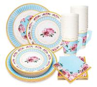 JarThenaAMCS Blue Floral Tea Party Supplies Serves 24 Spring Blue Rose Disposable Paper Dinnerware 9in Plates 7in Plate 9oz Tea Cups with Handle Napkins Total 120 PCS for Mother's Day Cold Warm Drink