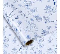 JarThenaAMCS Blue Floral Wrapping Paper -Mini Roll- 17 In x 32.8 Ft Chinoiserie Birds Flower Gift Wrap Paper for Wedding Baby Shower Birthday Party Wrapping Supplies
