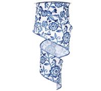 JarThenaAMCS Blue White Floral Wired Edge Ribbon Chinoiserie Flower Craft Ribbon Decorative Fabric Ribbon for Wreath Bow Making DIY Crafts Wrapping Party Decor Supplies, 1 Roll, 12 Yard