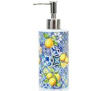 JarThenaAMCS Capri Lemon Soap Dispenser Blue Tile Yellow Lemon Glass Dispenser with Pump Refillable Liquid Soap Container for Summer Home Kitchen Bathroom Countertop