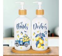 JarThenaAMCS Capri Lemon Soap Dispenser Yellow Blue Lemon Tile Dishes and Hands Glass Dispenser with Pump 16 oz Refillable Liquid Soap Container for Summer Home Kitchen Bathroom, 2Pcs