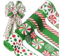 JarThenaAMCS Christmas Candy Wired Edge Ribbon Red Green Peppermint Candy Ribbon Xmas Fabric Ribbons for Wreath Bow Making DIY Crafts Wrapping, 4 Rolls, 24 Yard