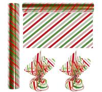 JarThenaAMCS Christmas Cellophane Wrap Roll 16" x 100 Ft Red & Green Candy Cane Stripe Cellophane Paper Clear Cello Wrapping Paper for Xmas Party Favor DIY Crafts