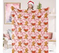 JarThenaAMCS Christmas Fuzzy Blanket Gingerbread Man Candy Cane Throw Blanket Pink Cozy Flannel Blanket for Xmas Winter Home Bed Sofa Couch Chair, 50 x 60 Inch