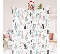 JarThenaAMCS Christmas Fuzzy Blanket Pastel Xmas Tree Throw Blanket 60 x 70 Inch Blue Pink Forest Blanket for Winter Holiday Home Chair Sofa Couch Bed
