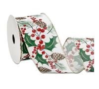 JarThenaAMCS Christmas Glitter Wired Edge Ribbon Roll Watercolor Holly Berry Pinecone Ribbon Xmas Mistletoe Fabric Ribbon for Wreath Bow Making DIY Crafts Gift Wrapping, 12 Yard