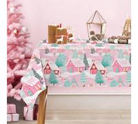 JarThenaAMCS Christmas Tablecloth Pink Gingerbread House Xmas Tree Fabric Table Cloth Washable Table Cover for Party Home Kitchen Decor, 60 x 104 Inch