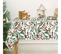 JarThenaAMCS Christmas Tablecloth Rectangle Holly Berry with Leaves Fabric Table Cloth Xmas Washable Table Cover for Picnic Dining Table Decor, 60 x 104 Inch