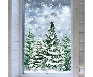 JarThenaAMCS Christmas Window Clings Xmas Tree Snowflake Window Stickers Double-Side Snowy Forest Glass Decals for Winter Home Party, 7.9 x 11.8 Inch, 9 Sheets