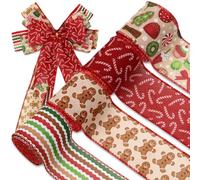 JarThenaAMCS Christmas Wired Edge Ribbons Gingerbread Man Candy Cane Ribbons Xmas Fabric Ribbons for Wreath Bow Making DIY Craft Wrapping, 4 Rolls, 24 Yard