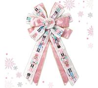 JarThenaAMCS Christmas Wreath Bow Pink Nutcracker Wreath Wired Edge Bow Fabric Crafts Bowknot for Front Door Tree Topper Indoor Outdoor Decor, 11 x 20.3 Inch