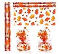 JarThenaAMCS Fall Cellophane Wrap Roll 100ft x 16 In 2.5Mil Leaves Acorns Cellophane Paper Orange Clear Cello Wrapping Paper for Autumn Thanksgiving Treats Gifts Basket Party Favor